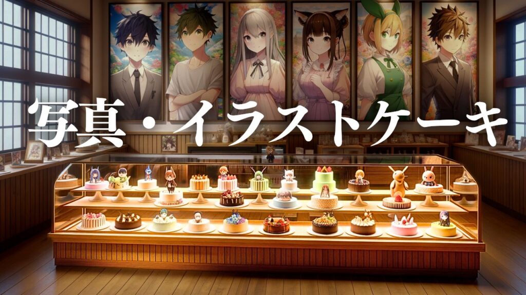 壁にはアニメのイラストが飾られている。ショーケースの中にはイラストが描かれたケーキが２０個並んでいる。